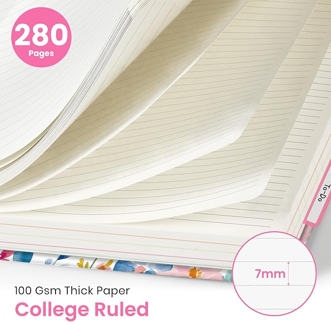Large Lined Spiral Journal for Women Cute Hardcover 5 Subject Notebook for Work 8.5" x 11" with Removable Dividers & Tabs, College Ruled, 280 Pages Aesthetic Journal for Work, School & Note Taking, Bloom Floral