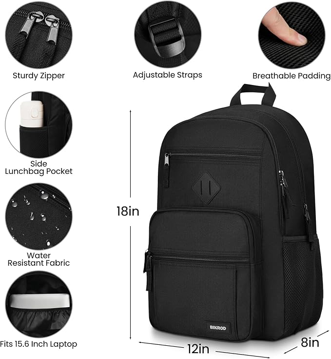 BIKROD Black Backpack for Men and Women, Backpack for School Teens Boys and Girls, Lightweight Casual High School Bookbag, Daily-use Travel Laptop Backpack Fits 15.6 Inch Notebook