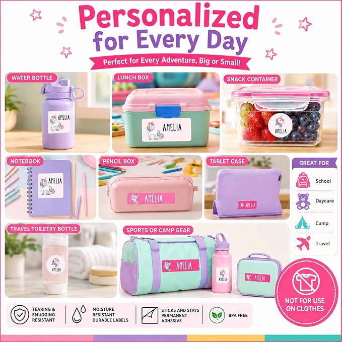 Andaz Press Custom Personalized Waterproof School Name Labels, Unicorn, 120-Pack, Kids Labels Combo Pack, Customizable Multi-Use Name Stickers Personalized Name Stickers Back to School Supplies