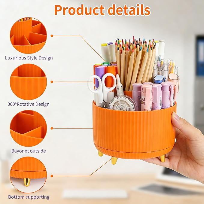 Camelmother Pen Holder For Desk With 5 Slots 360°Rotating Pencil Holder Makeup Organiezr Teacher Supplies Office decor (orange)