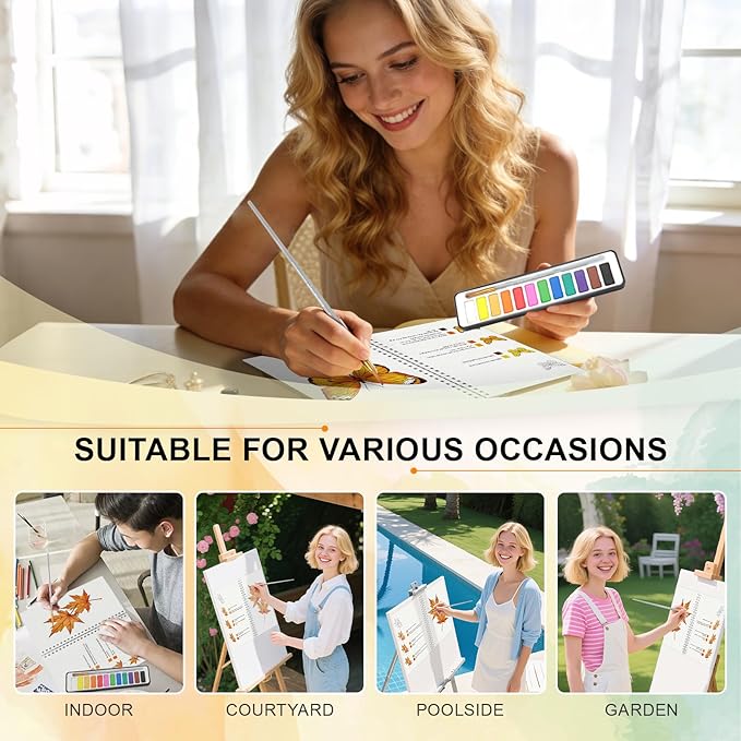 2-Pack Beginner Watercolor Workbooks: 24 Coloring Pages + 12 Watercolor Paints + Brush – 300gsm/140lb Paper – Gift for Women, Adults & Beginners (Autumn & Kitchen)