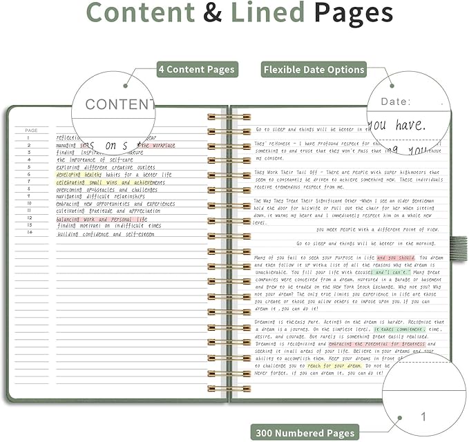 EMSHOI B5 College Ruled Spiral Notebook, Thick 300 Numbered Pages, 100GSM Ink-Proof PU Leather Hardcover Lay-Flat Lined Journal for Work Office School Writing, 7.48"x10.15", Light Green