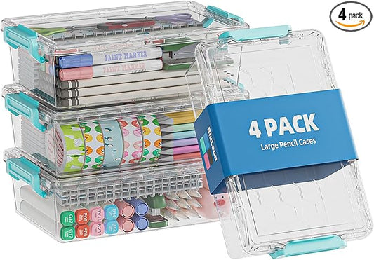 BiuLeon 4 Pack Extra Large Pencil Box, Plastic Pencil Case Organizer, Clear Crayon Box Marker Organizer, Stackable Craft Organizers and Storage for Pen, Craft, Art Supply(Green)
