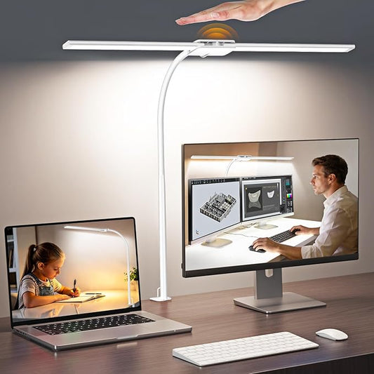 Syrinx LED Desk Lamp, Dual Head Desk Light with Clamp, 50 Lighting Modes Eye-Caring Table Lamp, Flexible Gooseneck Task Light with Motion Sensor, Wired Control, Timer & Memory Function for Home Office