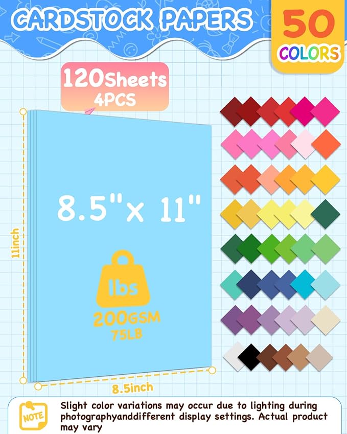 124 PCS Colored Cardstock 8.5" x 11", 50 Assorted Colors Construction Paper Bulk for Crafts, Thick Card Stock Colorful Printer Paper for Scrapbooking, Card Making, Kids School Supplies(200GSM)