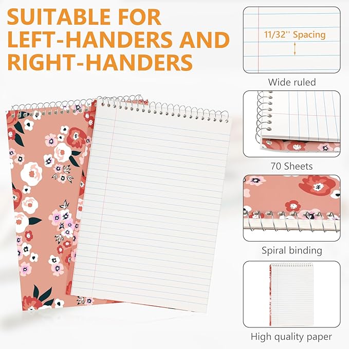 Resurhang 6 Pack 8.5 x 11'' Top Bound Office Steno Book Wide Ruled Double Sided Spiral Notebooks Reliable White Paper 70 Sheets/Pad Pastel Colors Covers for Writing School Notes (Floral Color)