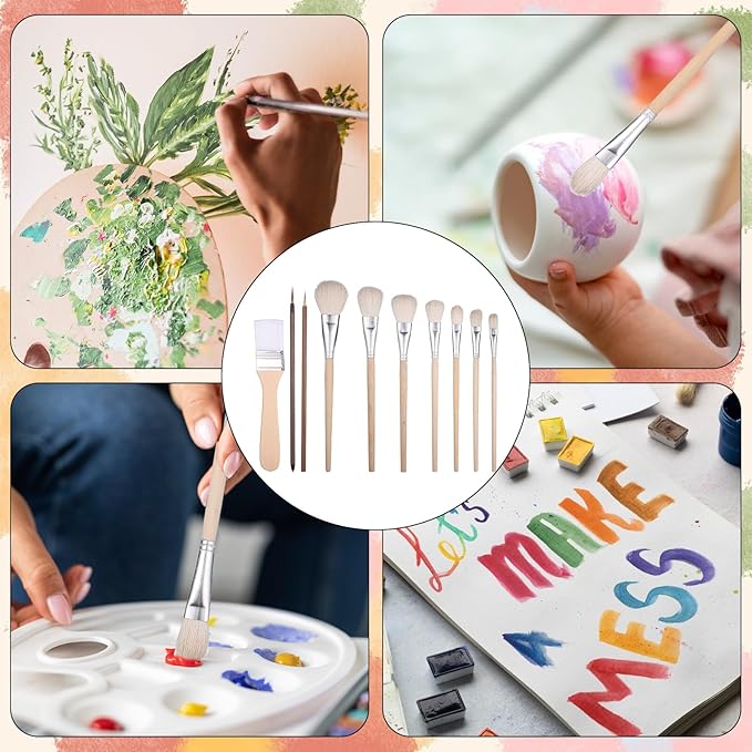 Pottery Glazing Brushes, 10 Pcs Mop Brush for Acrylic Painting Goat Hair Blending Mop Brushes Ceramics Pottery Brush Tools Kit for Watercolor Oil Clay Face Body Art Painting