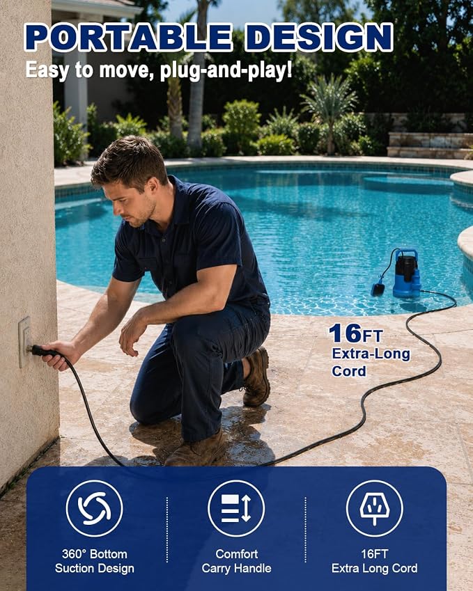 FOTING Sump Pump, High Flow Clean&Dirty Submersible Water Pump with Float Switch, Thermoplastic Electric Portable Utility Pump for Pool Draining Hot Tub Garden Basement, Large