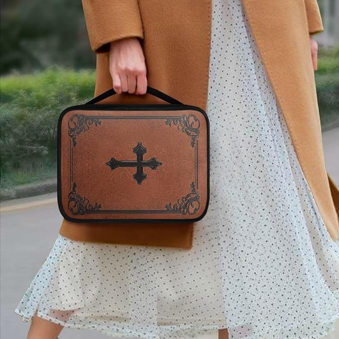Cross Pattern Brown Bible Cover Bible Case for Men Women,Canvas Carrying Cases Book Protector with Handle