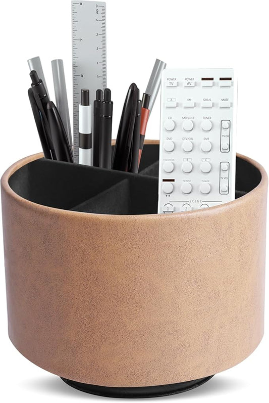 Round Leather Art Supply Organizer,Remote Control Holder,360 Degree Spinning,Multi-Functional Pencil Holder,4 Compartments Desktop Stationary Organizer(1-Oil Yellow)