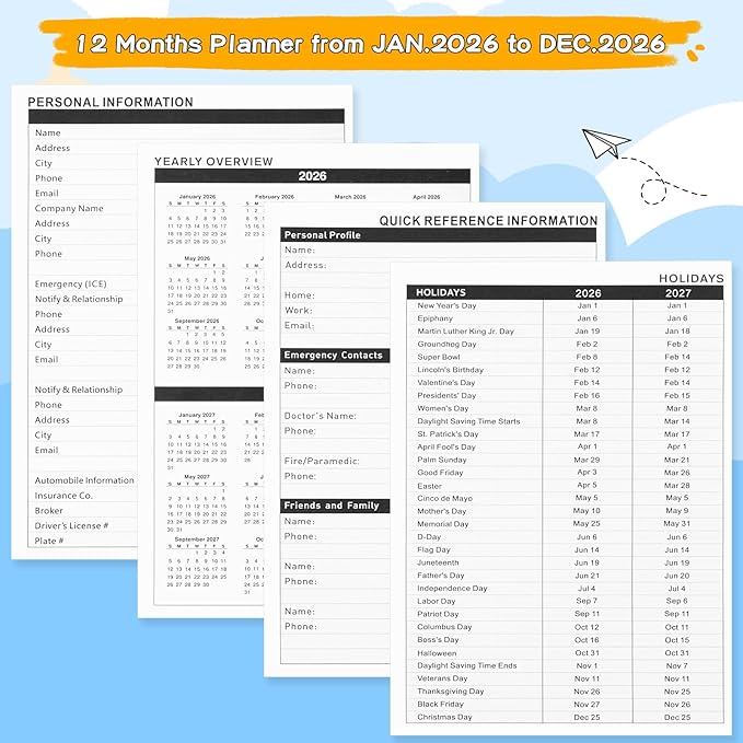 VinTS 2026 Planner, 8.5x5.8 Weekly Monthly Dated Planner, Jan-Dec.2026 Flower Hardcover Planner Agenda Organizers with pocket for Women Office Home