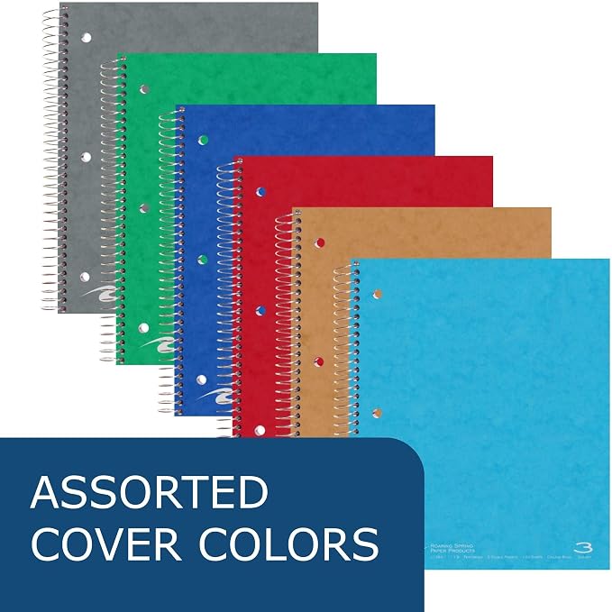 ROARING SPRING 3 Subject Spiral Notebook, 24 Pack, 11" x 9", College Ruled, 120 Perforated Sheets, Assorted Eco Press Covers, 3 Double Storage Pockets, Made in USA