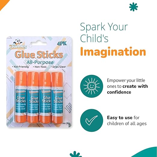 Channie's Glue Sticks 4 Pack - Clear Drying Washable Glue Sticks for Kids - Ideal for Art & School Projects, Safe & Mess-Free Craft Supplies