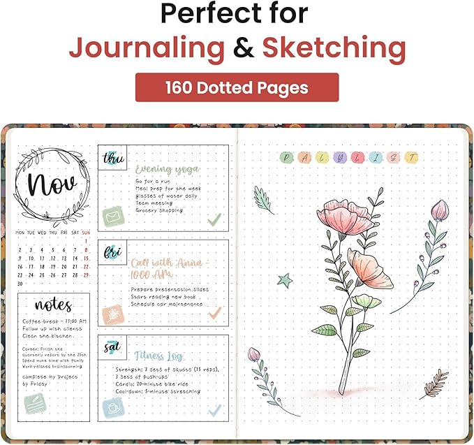 Taja Pretty Dotted Journal for Women, Aesthetic Cute Hardcover Leather Journal for Writing, A5 Journaling Notebook for Work & Sketch, Perfect for Office School Home, 160 Pages, Meadow Flowers