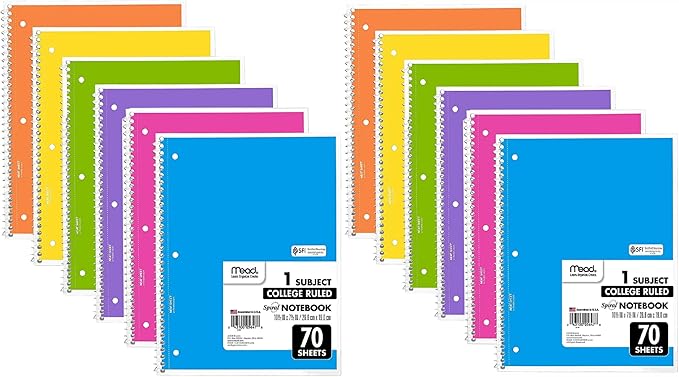 Mead Spiral Notebook, 12 Pack of 1-Subject College Ruled Spiral Bound Notebooks, Pastel Color Cute School Notebooks, 70 Pages