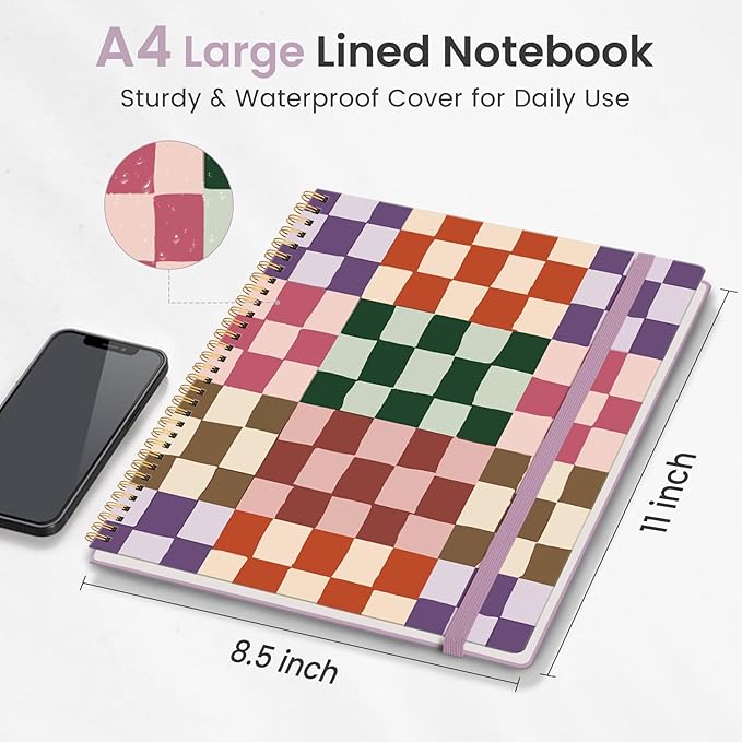 Taja Large Spiral Lined Journal for Women, 8.5" x 11" Notebooks for Work Collge Ruled, A4 Aesthetic Cute Journaling Notebooks for Writing, Plastic Cover, Checkered