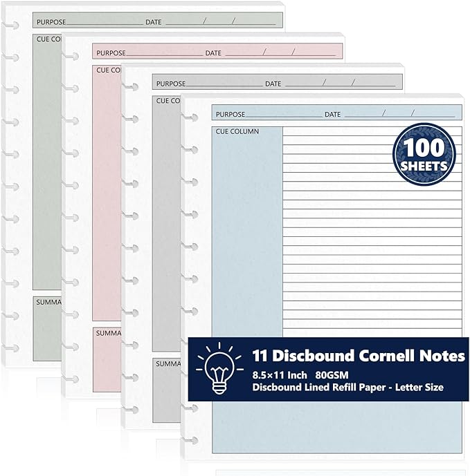 100 Sheet 11-Disc Cornell Notes Loose Leaf Paper 8.5×11 Inch for Discbound Planner Letter Size College Ruled Cornell Note Notebook 9/32" Spacing Taking System Filler Paper for School Office 80gsm