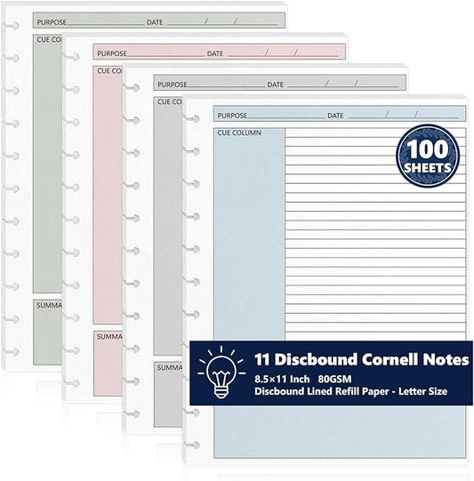 100 Sheet 11-Disc Cornell Notes Loose Leaf Paper 8.5×11 Inch for Discbound Planner Letter Size College Ruled Cornell Note Notebook 9/32" Spacing Taking System Filler Paper for School Office 80gsm