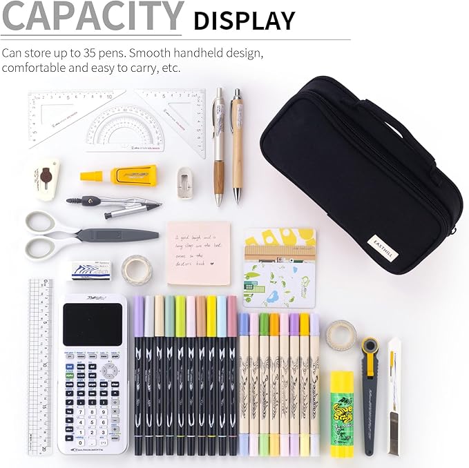 EASTHILL Large Capacity Pencil Case Pen Pouch Organizer Canvas Pencil Bag with Handle School Supplies for Teen Girls-Black