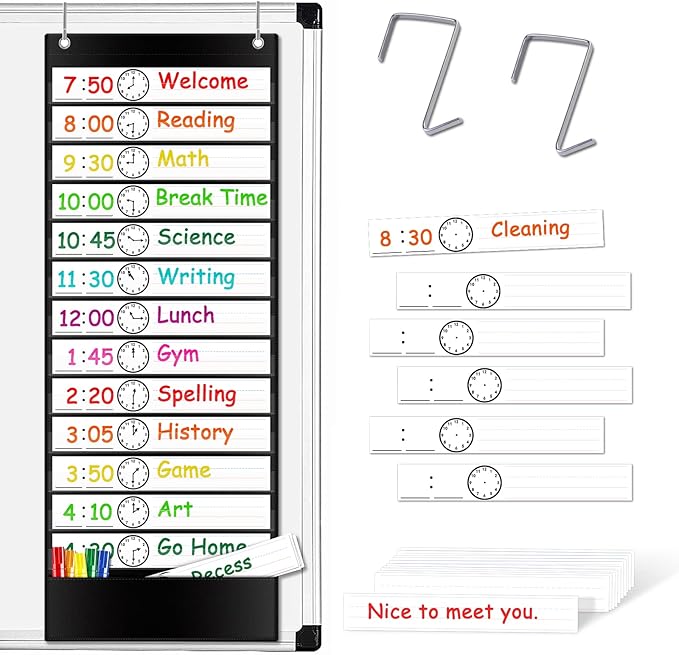 Daily Schedule Pocket Chart, 13+1 Pockets Visual Schedule for Kids, Daily Schedule for Kids, Pocket Chart for Classroom, School, Office or Home, Includes 18 Reusable Dry Eraser Cards and 2 Hooks (BLACK)