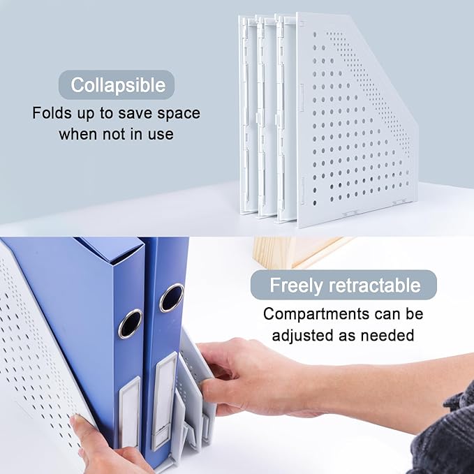 FRETONBA Collapsible Magazine File Holder with 3 Vertical Compartments Foldable Binder Holder for Desk Binder Storage Organizer Plastic Magazine Holders for Shelf, Light Gray