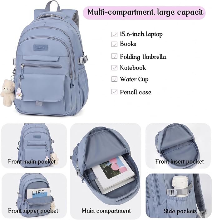PRLINJSK Girls Backpack for College High Middle School Student, Cute Aesthetic Bookbag for Teens Women with Accessories,Blue