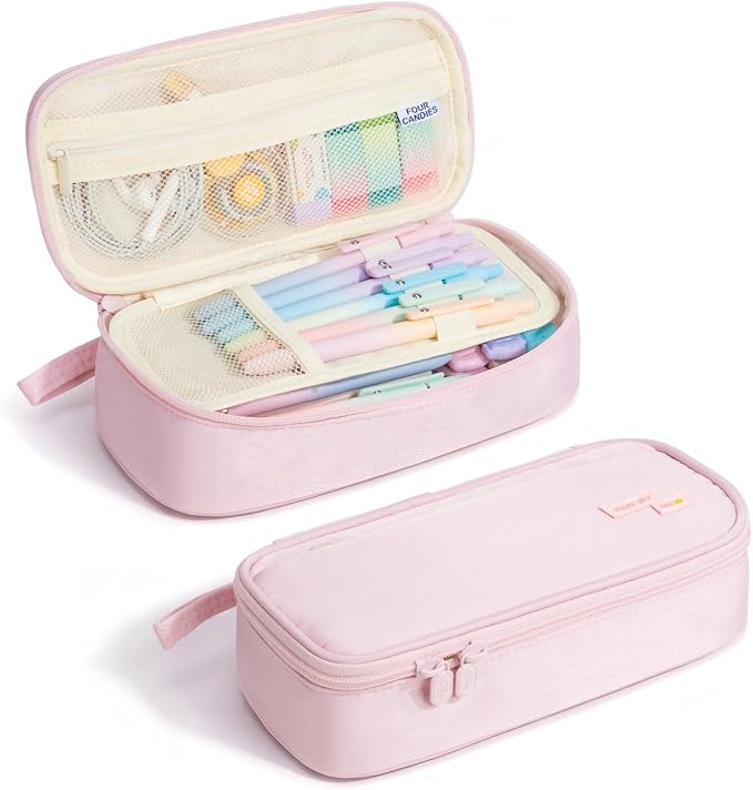 Four Candies Large Pencil Case, 5 Compartments Canvas Pen Organize | Big Capacity Pencil Pouch Bag for School Supplies, Portable Stationery Holder for Teen Girls Boy Men Women(Pink)