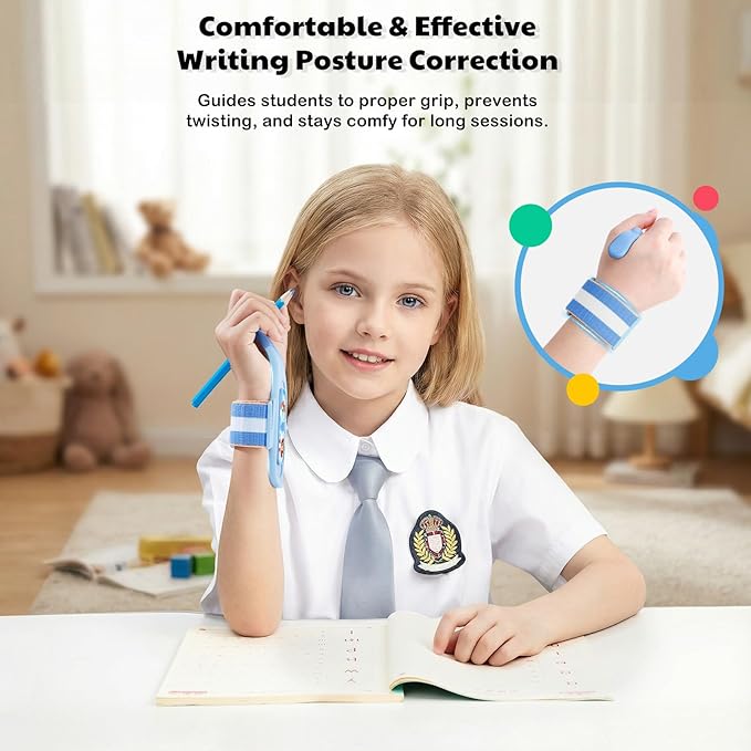 Grips for Pencil for Kids Handwriting, Ergonomic Wrist Support Brace for Kid (Right Hand Only) Adjustable Anti-Hook Writing Posture Correction for Preschooler, Students, Classroom Aid Tool