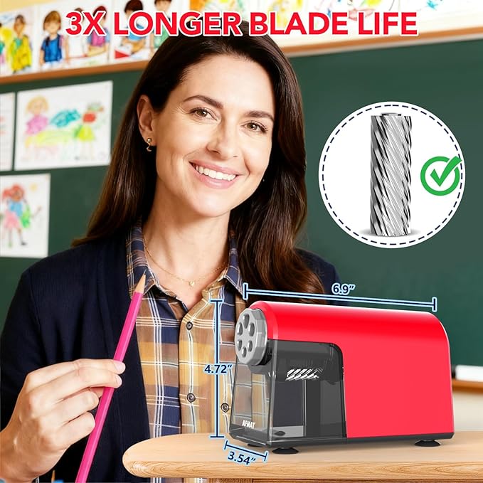 AFMAT Electric Pencil Sharpener Heavy Duty, 6 Holes, Cordless & Rechargeable, Fast Sharpen, Auto Stop, 10K+ Uses, Classroom Pencil Sharpener for 6-11mm No.2/Large/Colored Pencils PSD2(Red)
