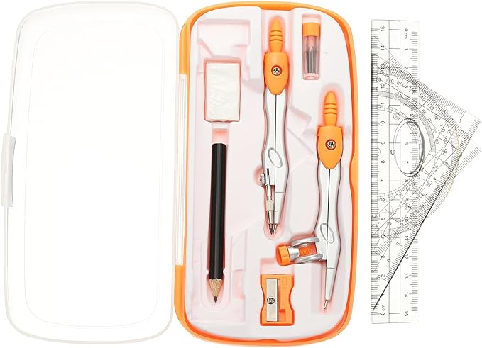 PATIKIL Geometry Precision Tool Set, 11 Pcs Geometry Set Compass Tool with Shatterproof Storage Box Rulers Math Compass Kit for Math Drafting Supplies, Orange(Style 1)