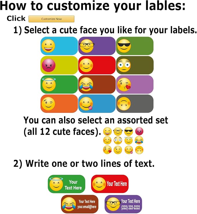 Personalized Labels - Cute Face Designs. 52 Custom Stickers for School, Daycare and Camp. Waterproof Name Labels Dishwasher and Microwave Safe, Machine Washable. (Cute Faces)