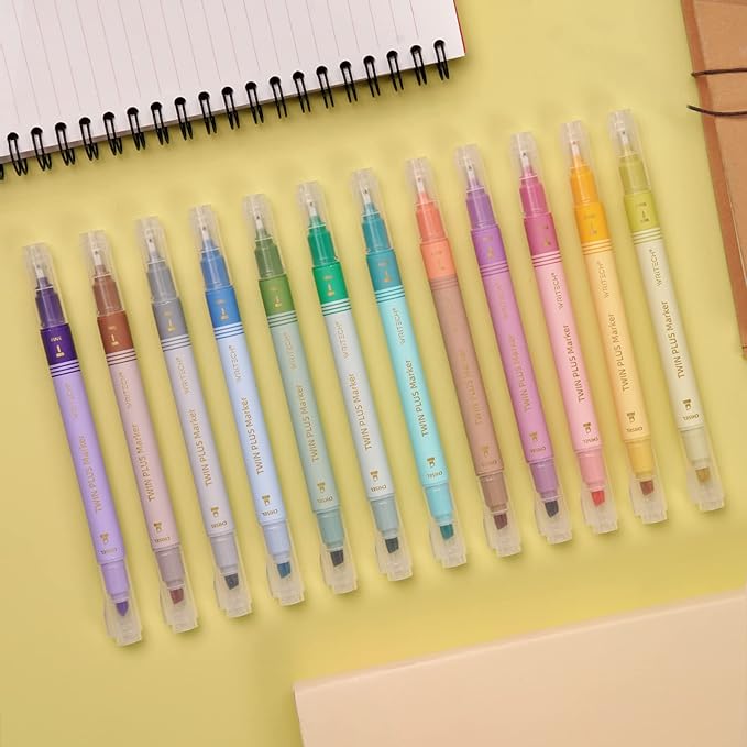 WRITECH Dual Tip Highlighter Markers: Aesthetic Fine & Chisel Tip Pastel Vintage Marker Multicolor Pens Pack No Bleed & Smear for Bible Highlighting Journaling, Assorted Colors 12ct