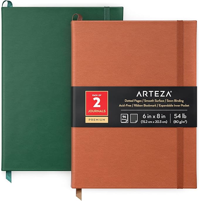 ARTEZA Dotted Journals, Pack of 2, 6 x 8 Inches, 96 Sheets, Hunter Green and Saddle, Hardcover Notepads with Smooth Paper for Writing and Journaling