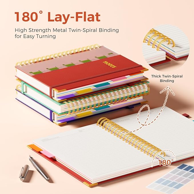XYark A4 Hardcover Spiral Notebook, 8.5"x11" College Ruled Notebooks with Removable Dividers Tabs & Ruler, 5 Subject Notebook 300 Pages, Large Lined Journal for Women Men School Work Office, Red