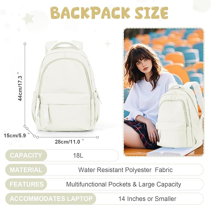 winspansy Small Backpack For School Girls Boys Aesthetic Lightweight Travel Daypack Simple Cute Backpack For Women Men College High School Bookbag Fit 14 Inch Laptop,Beige