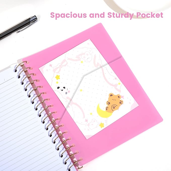 CAGIE Small Spiral Notebooks with Removable Dividers Tabs, 5 Subject Notebook College Ruled, A5 Notebooks for School Work with Plastic Cover, Back Pocket, Spiral Bound, Pink