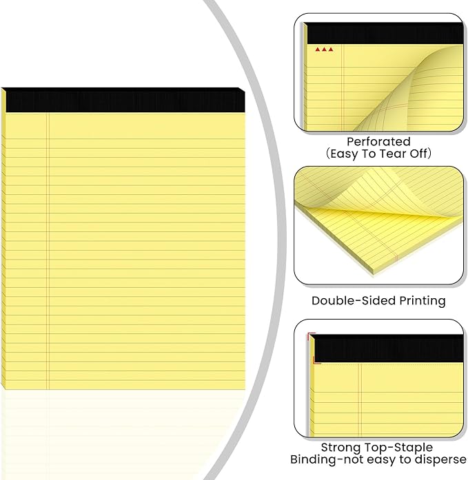 6pcs Legal Pads 8.5 x 11,Notepads 8.5 x 11 Inch, 30 Sheets/Pack, Yellow Note Pads Clear Print Writing Pads of Paper, Perforate Wide Ruled Lined with Sturdy Back for Office, Business & School Supplies