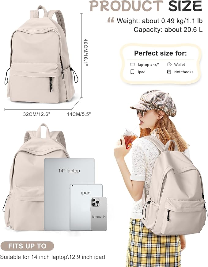 SEAFEW Off White Backpack for Girls Women Waterproof High School Book Bag Cute Backpack for Men Teens Boys, Lightweight Simple Middle School Back Pack Daypack