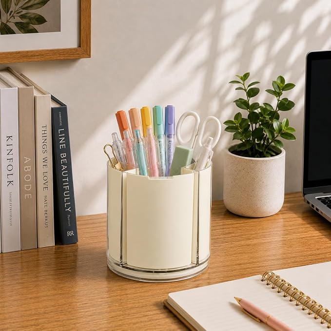 360° Rotating Pen Holder for Desk Adjustable Pencil Organizer, Beige | Plastic Pen Cup for Women Cute Office Supplies and Accessories Desktop Storage Box Art Caddy for School, Work, Home