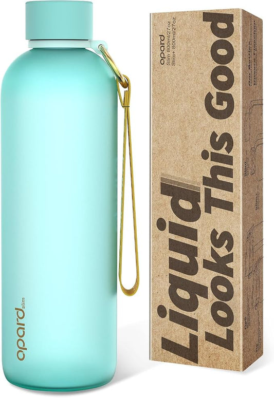 Opard Slim Water Bottle 27oz, Dishwasher Safe Plastic Water Bottle BPA-Free, Leakproof Screw Top, Aqua Green, Reusable for Travel School Sport Gym Hiking