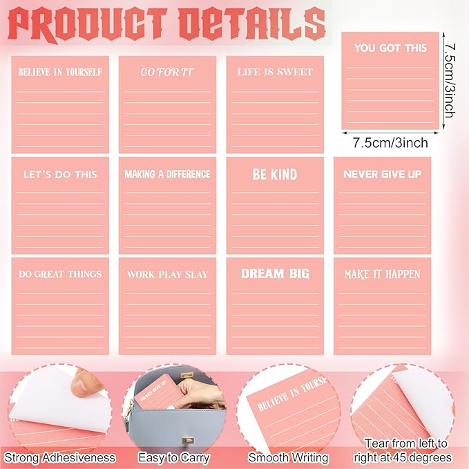 Yinder 24 Pcs Inspirational Sticky Notes Cute Motivational Sticky Notes Pad End of Year Employee Appreciation Gifts Bulk for Teacher Nurse Coworkers Office Supplies 3 x 3'' (Inspirational,Pink)
