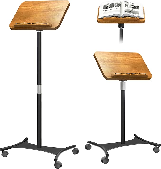 NAMON Rolling Floor Book Stand for Reading, 100% Solid Wood, Height Adjustable 16.5"-51", Floor Reading Stand with 4 Lockable Casters & Page Clip for Books, Sheet Music (Rolling/Classic, 10" x 15")