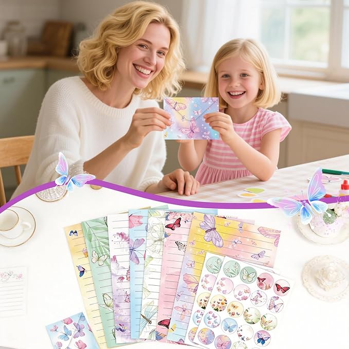 160 Pcs Stationery Paper Envelopes Set Includes 50 Lined Writing Paper & 50 Envelopes with 60 Round Dot Stickers, Cute Vintage Butterfly Letter Writing Stationery Paper Envelopes Gift(10Style)