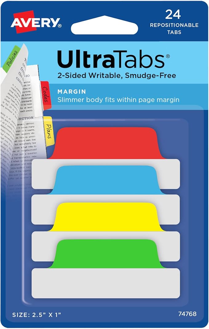 Avery Margin Ultra Tabs, 2.5" x 1", 2-Side Writable, Assorted Colors, 24 Repositionable Page Tabs (74768)