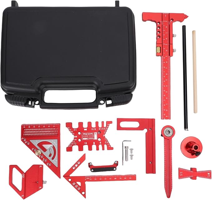 Woodworking Ruler Set, 9Pcs Aluminum Alloy Geometry Set Precision Measuring Tools for Accurate Layout Includes T Square Ruler, Compasses, Protractor, and Dovetail with