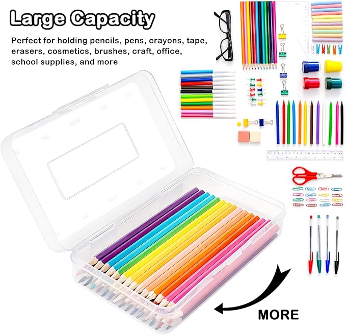 Colored Plastic Pencil Box, Large Capacity Pencil Case, Pencil Boxs for Kids Adults, Hard Crayon Box Storage with Snap-Tight Lid for School Office Supplies (Clear)