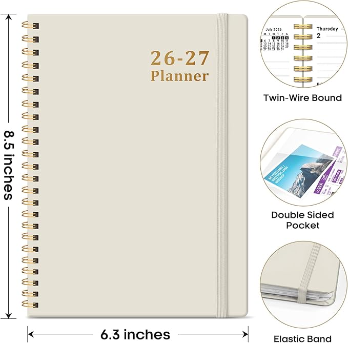 Planner 2026-2027, 6.3" x 8.5" Weekly and Monthly Academic Year Planner Calendar, July 2026 - June 2027, Hardcover Large School Planning Agenda With Tabs, Perfect for School & Office Supplies, A5, Beige