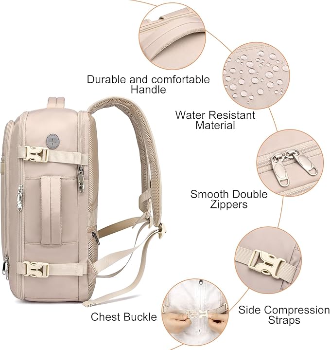 EZUOLA Carry On Backpack, Travel Backpack for Men Women Airline Approved, Underseat Personal Item Travel Bag With Shoe Compartment,Laptop Mochila 15.6inch Casual Daypack for Weekender College,Beige