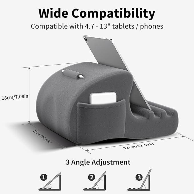 CreaDream Tablet Pillow Stand, Tablet Holder for Bed, Lap with 3 Viewing Angles, Pocket, Stylus Mount, Pillow Pad Compatible with 4-13" Tablets, iPad Pro 13 11 Air, Kindle, Galaxy Tab