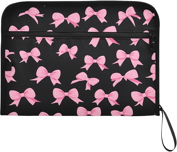 Pink Bow Black Background Pattern 13 Pocket File Organizer Expanding File Folder with Front Pouch Portable Business File Storage Document Organizer Folder with Zipper